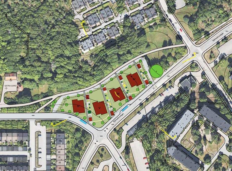 Sida 8 (12) Förslaget Den aktuella planförslaget redovisar en möjlighet att bygga totalt 64 nya lägenheter i fyra bostadshus. Bostadshusen planeras bli fyra och fem våningar höga.