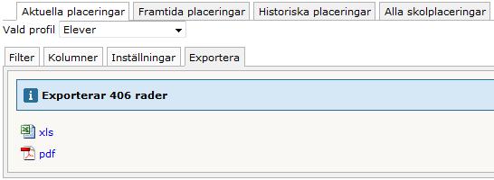 Exportera till Excel eller PDF Elevöversikten Om du vill arbeta vidare med en lista kan du exportera de kolumner du har i vyn till Excel eller PDF. Det gör du genom att klicka på fliken Exportera.