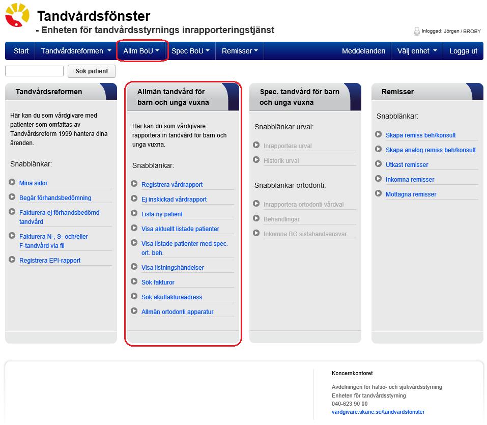 6 (39) För att välja funktion klickar användaren på Allm BoU i den övre blå listen och klickar därefter på den funktion som användaren vill arbeta med i rullgardinsmenyn som visas.