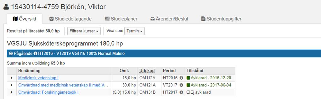 Du länkas vidare till översiktssidan för studentens resultat på kursen. Här ser du bl.a. ingående moduler, om resultatrapportering pågår (dvs.