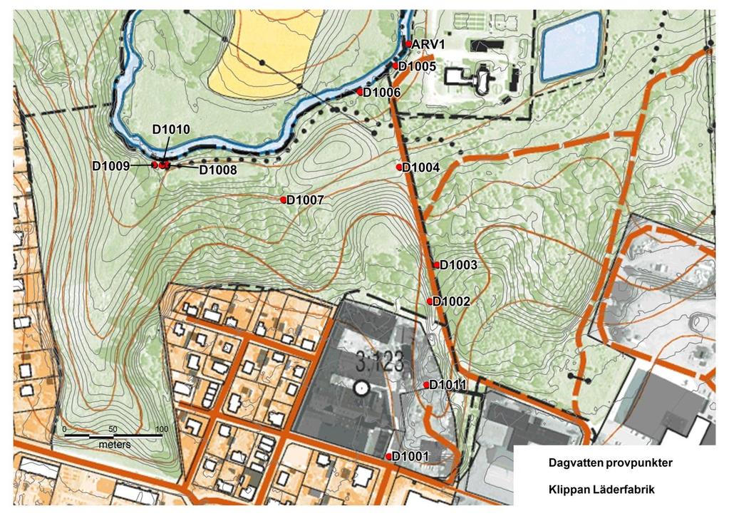 Årsrapport 2013 Omgivningspåverkan vid Klippans läderfabrik, före efterbehandling dagvattenrör. Provpunkternas läge redovisas i figur 4. Dagvattenprovtagning görs 4 gånger per år, se figur 1.