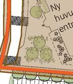 Illustration av planområdet, etapp 1 inom färgat område beﬁntligt parkeringsdäck i två plan entré Kommande de taljplan Växthus på ta k