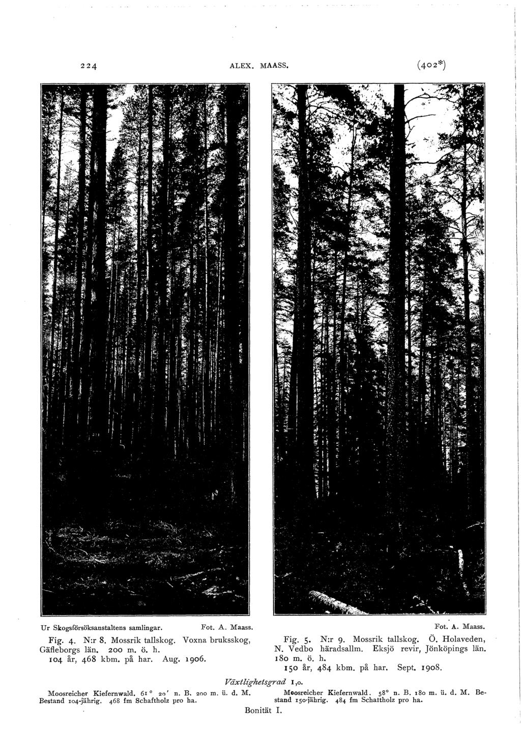 224 ALEX. MAASS. U r Skogsförsöksanstatens samingar. Fot. A. Maass. Fot. A. Maass. Fig. 4. N:r 8. Mossrik taskog. Voxna bruksskog, Fig. 5 N:r 9. Mossrik taskog. Ö. Hoaveden, Gäeborgs än. 200 m. ö. h.