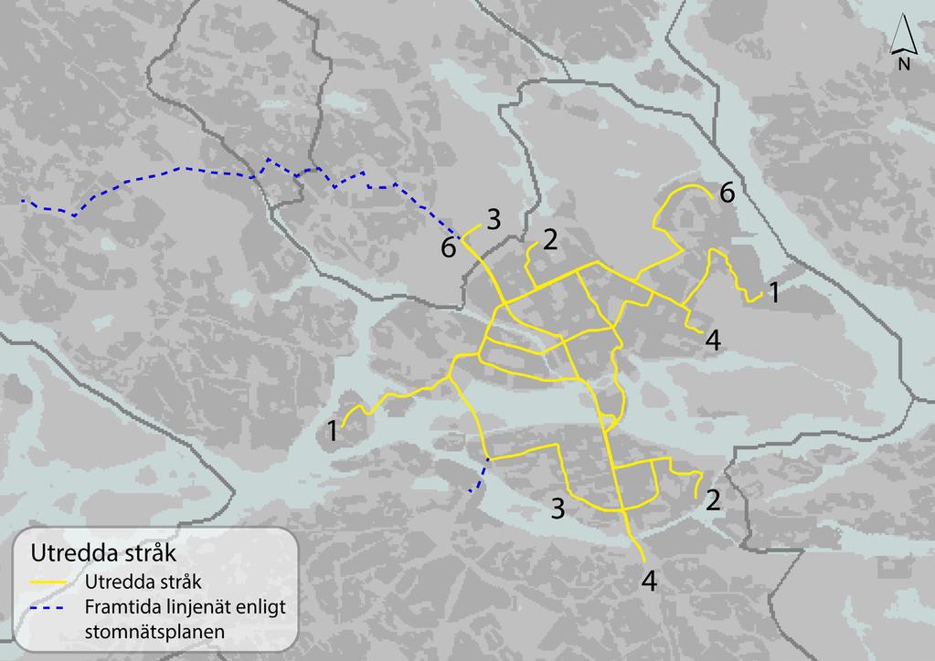 Figur 2, Stråk som utretts i innerstaden fram till år 2017. hållplatser var andra åtgärder som genomfördes. Restiden minskade i båda riktningar med 3 5,5 minuter.