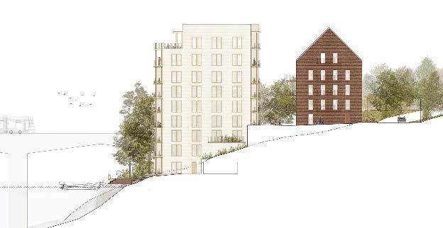 (ARKITEMA ARCHITECTS) Fasad mot norr (ARKITEMA ARCHITECTS) Tre punkthus planeras i slänten ner mot strandområdet. Husen står i kontrast till befintlig villabyggelse mot Svartviken.