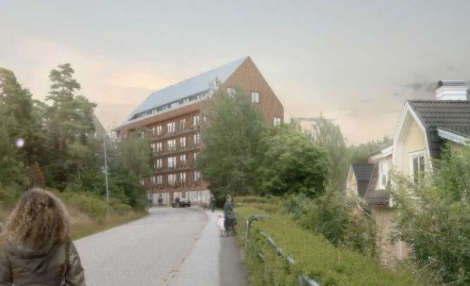 19 Vy från Prästhagsvägen i sydväst (ARKITEMA ARCHITECTS) Fasad mot söder (ARKITEMA ARCHITECTS) Gestaltning och material Det södra kvarteret har ett lamellhus mot Prästhagsvägen.