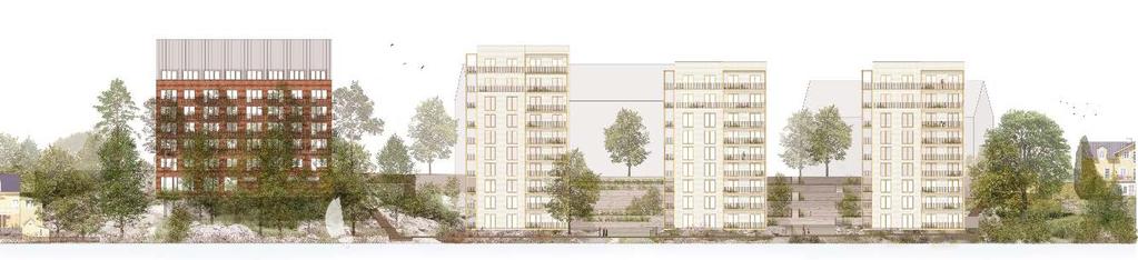 21 FASADER MOT VÄSTER (ARKITEMA ARCHITECTS) FASADER MOT ÖSTER (ARKITEMA ARCHITECTS) Den nya bebyggelsen regleras med följande bestämmelser i plankartan: Byggnadernas användning regleras med B för