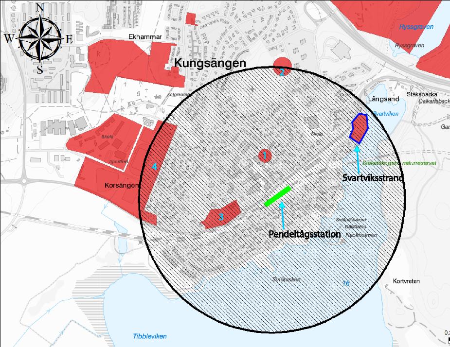 25 Illustration av den områden inom centrala Kungsängen som bedömts lämpliga för förtätning. 1.Villa Skoga. 2. Vattentornsparken. 3. Ringvägen. 4. Korsängen.