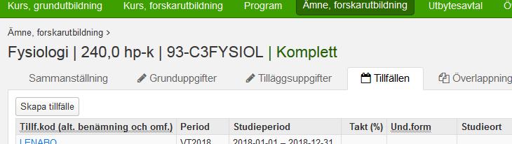 Klicka på knappen Skapa tillfälle Ange vilket