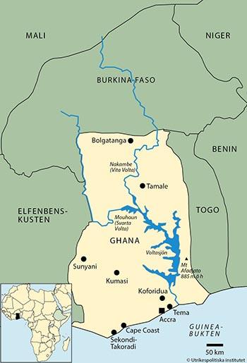 Yta 238 537 km2 (2017) Tid svensk - 1 timme Angränsande land/länder Togo, Burkina Faso, Elfenbenskusten Huvudstad med antal invånare Accra 2 290 000 (uppskattning 2012) Övriga större städer Kumasi 1
