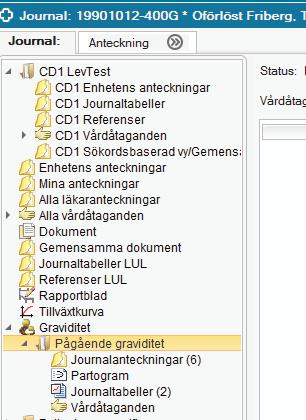 13 5.4 Öppna befintlig journaltabell (inom en graviditet) De journaltabeller som skapats inom Graviditeten är synliga i journalvyn.