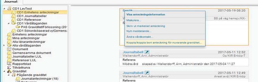 I journalens skrivläge visas i listboxen för hälsoärende Graviditet högst upp Om en anteckning skrivs under graviditeten, men som inte är relevant att koppla till hälsoärende Graviditet, så väljer