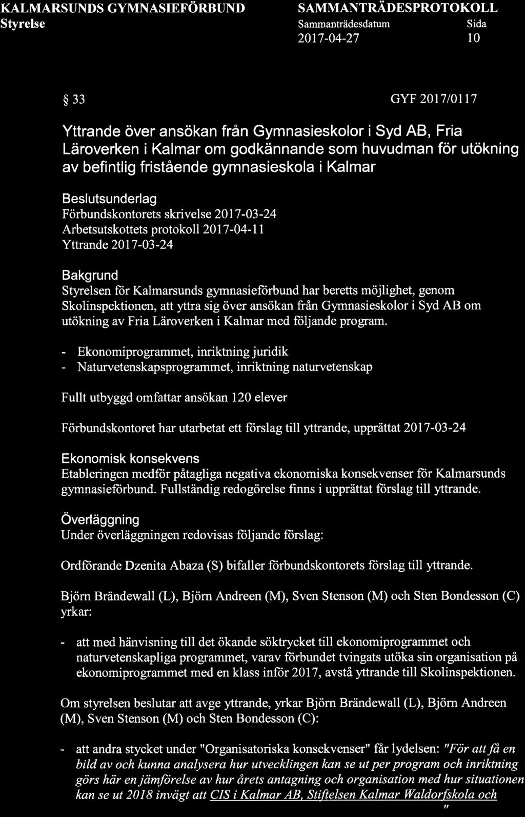 KALMARSUNDS GYMNASIEFORBUND SAMMANTRÄDESPROTOKOLL 2017-04-27 l0 $33 GYF 20l7l0tt7 Yttrande över ansökan från Gymnasieskolor i Syd AB, Fria Läroverken i Kalmar om godkännande som huvudman för utökning