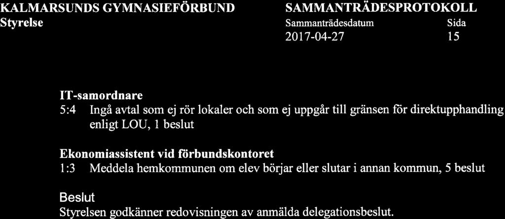 KALMARSUNDS GYMNASIEFöRBUND SAMMANTRÄDE SPROTOKOLL 2017-04-27 15 IT-samordnare 5:4 Ingå avtal som ej rör lokaler och som ej uppgår till gränsen ftir direktupphandling enligt LOU, I