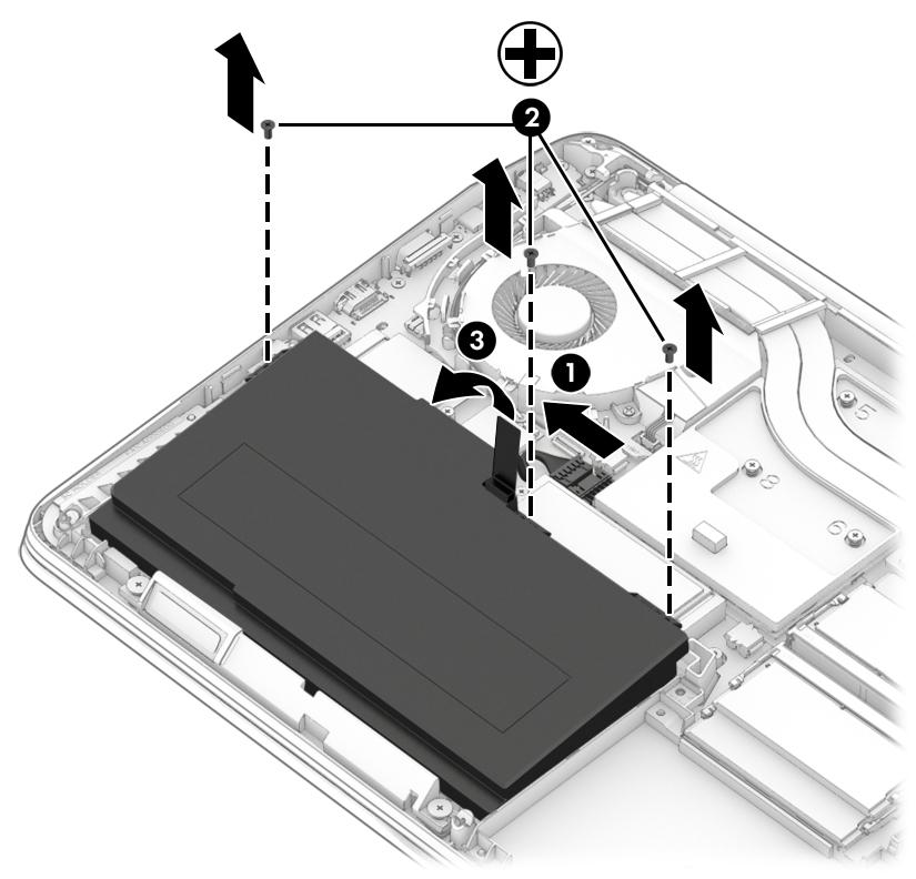 6. Dra batterifliken (3) för att ta ut batteriet ur datorn. Spara på batteriet Välj låga energiinställningar i Energialternativ på Kontrollpanelen i Windows.