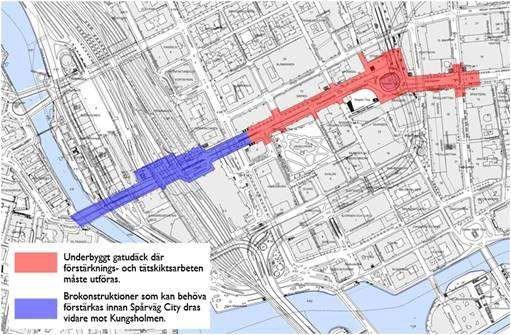 Sida 5 (8) Fig 1 Projektområde. Rödmarkerat är område för tätskiktsbyte och förstärkning. Blått är område som kan behöva åtgärdas vid en förlängning av Spårväg City till Kungsholmen.