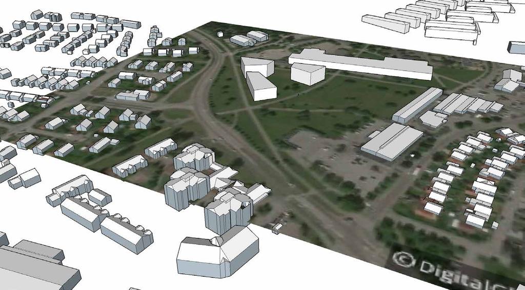 Ny plan Skola 8800 kvm Förskola 2200 kvm Skola II-III Torg Bussgata Bostäder I Illustration olymskiss et föreslår också komplettering med bostäder.