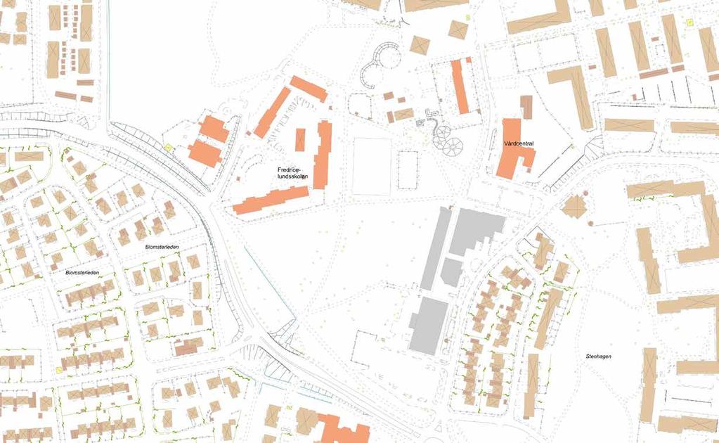 Ny plan Skola 8800 kvm Förskola 2200 kvm Skola II-III Torg Bussgata Bostäder I Översikt med gång- och cykelvägnät et innebär att ett nytt torg placeras norr om åxnäs centrum.