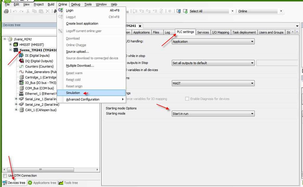 2.1.4 PLC inställning. Välj i regel start in Run PS.