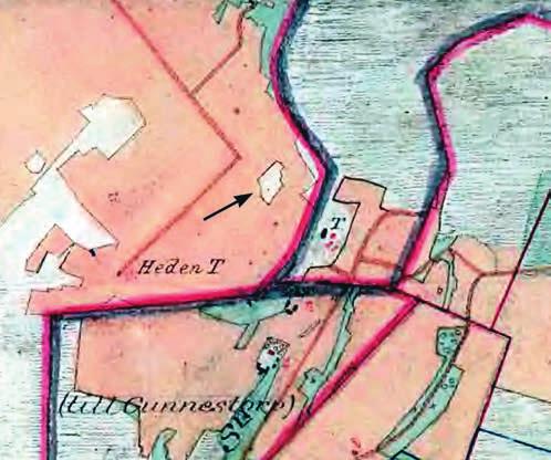 SUNDH Figur 2. Åkerholmen omkring 1880. Åkerholmen är belägen vid pilen, nordväst om torpet Heden. Beige är betesmark/hed, grönt är slåtterängar och orange åkermark.
