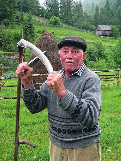 BOJS Negrea Florin visade oss en tidig morgon i Gârda de Sus hur man slår med lie i Rumänien. Gârda de Sus ligger naturskönt beläget i de transsylvanska Apusenibergen. Foto: Tomas Larsson.