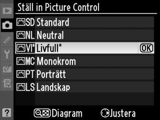 Markera önskad Picture Control i menyn Ställ in Picture Control (0 131) och tryck på 2. 2 Justera inställningarna.