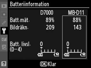 Batteriinformation G-knappen B Inställningsmenyn Visa information om batteriet i kameran. Post Batt. mät. Bildräkn. Batt. livsl.