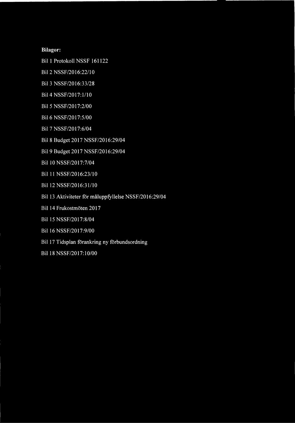 Bilagor: Bil 1 Protokoll NSSF 161122 Bil 2 NSSF/2016:22/10 Bil 3 NSSF/2016:33/28 Bil 4 NSSF/2017:1/10 Bil 5 NSSF/2017:2/00