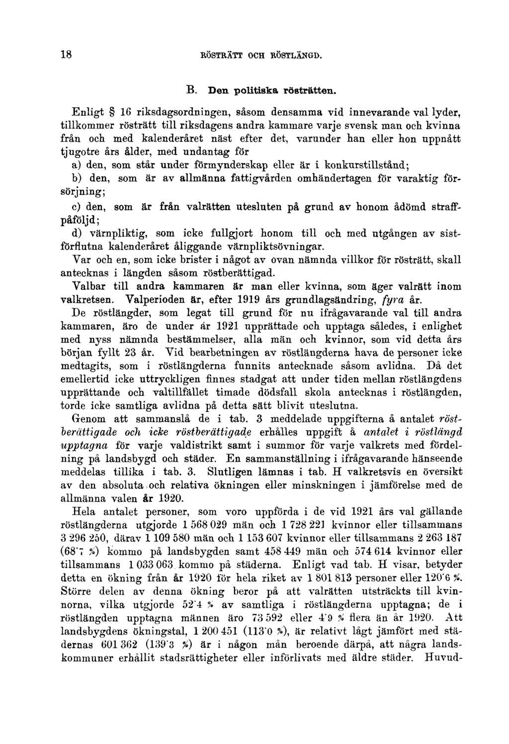 18 RÖSTRÄTT OCH RÖSTLÄNGD. B. Den politiska rösträtten.
