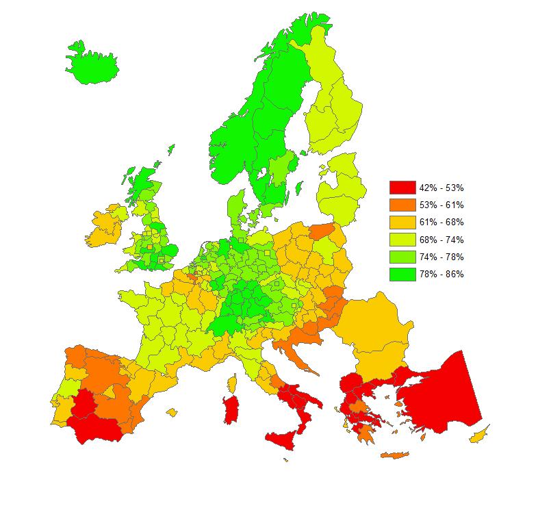 Enligt den senaste europeiska sammanställningen från 213 har Västsveriges ställning sjunkit lite i förhållande till tidigare sammanställningar men ligger fortfarande mycket bra till i ett europeiskt