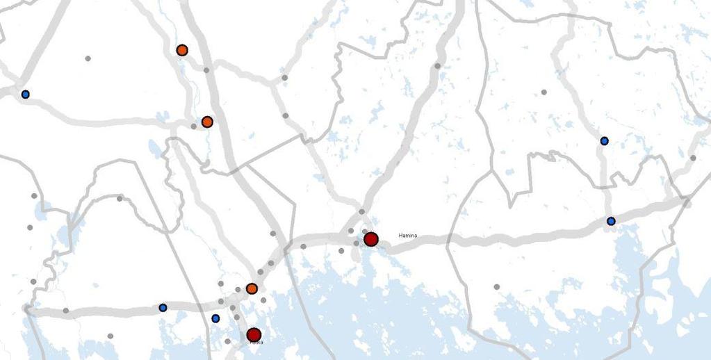 Stor servicekoncentration på kommunnivå: Kausala, Kuusankoski, Myllykoski, Ingerois, Karhula Liten servicekoncentration på kommunnivå: Jaala kyrkby, Voikkaa, Valkeala kyrkby, Elimäki kyrkby, Koria,