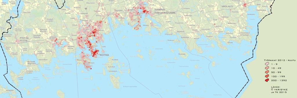 Fredrikshamn samt i Brobyområdet i Pyttis. Mest arbetsplatser finns i bilzonen, i de stadslika zonerna där man kan röra sig till fots och i gångtrafikens kantzoner.