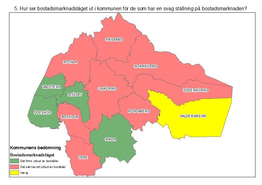 Regional bostadsmarknadsanalys för Östergötland 2018 10 Av redovisningarna ovan framgår att det är två kommuner, Kinda och Valdemarsvik, som gör bedömningen att de har balans på bostadsmarknaden,