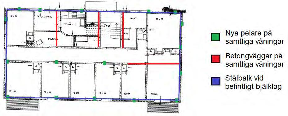 10 (15) 3.2 Fastighet 4:12a Föreslagen tillbyggnad som har undersökts är 3 ytterligare bjälklag i betong samt en övre våning i lättkonstruktion (antingen i trä eller i stål).