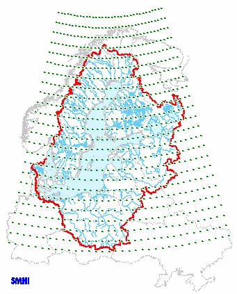 Figur 7. Den meteorologiska databasen täcker Östersjöns och Västerhavets tillrinningsområde. Kustzonsmodellen beaktar även deposition av oorganiskt kväve och fosfor från atmosfären.