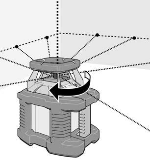 Rotationslasern slås på genom att trycka in knappen (). Instrumentet börjar med den automatiska avvägningen. När avvägningen har avslutats, börjar lasern att rotera.