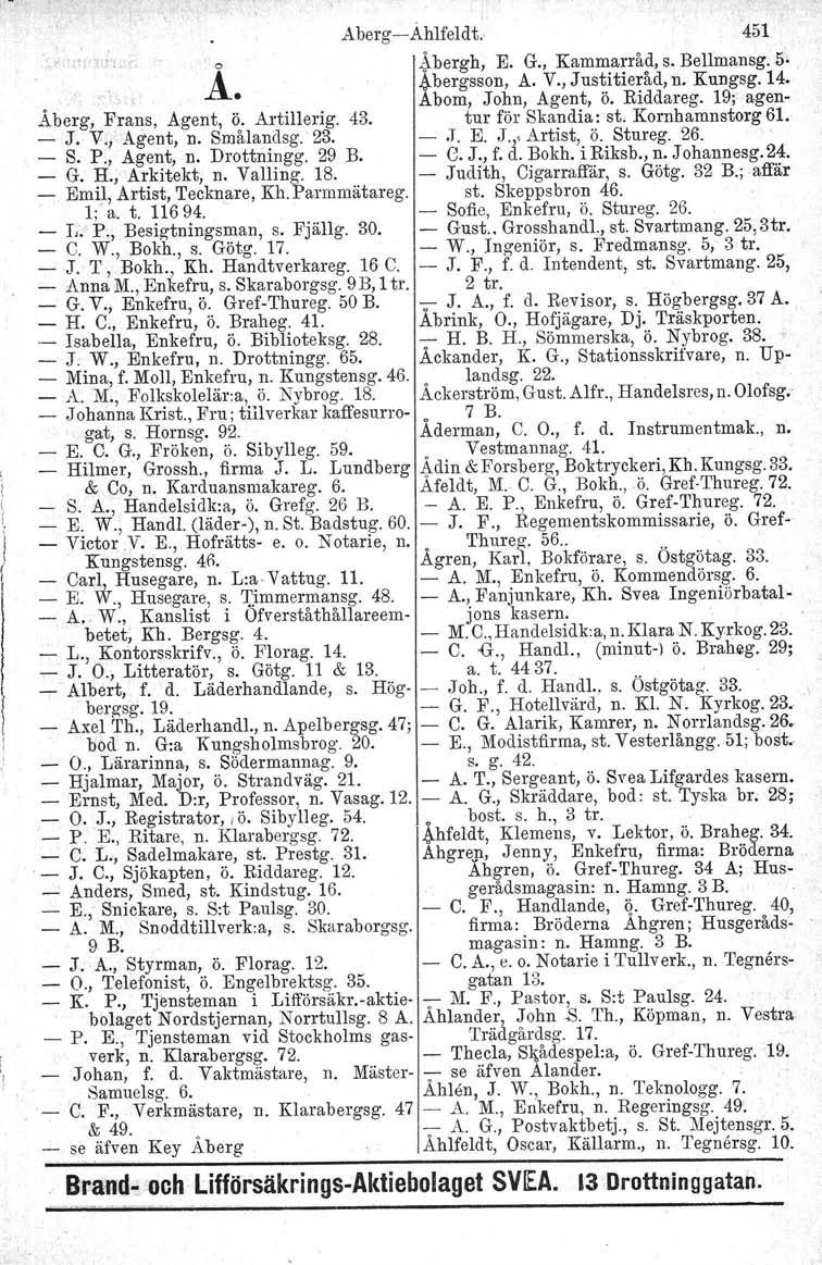 AbergAhlfeldt.. 451 Å.!bergh, E. G., Kammarråd, s. Bellmansg. 5'. 4bergsson, A. V., Justitieråd, n. Kungsg. 14. Abom, John, Agent, Ö. Riddareg. 19; agen Åberg, Frans, Agent, ö. Artillerig. 43.