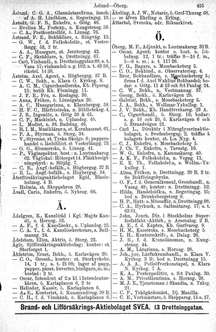 '. ÅslundiÖberg. 455 >Åslun;d;1GJ::; G.' A., Glasmästarefirma, inneh. Ährling, A. J. W., Notarie, ö. GrefThureg. 68,.hbd; '!tbh. Lindblom. n. Regeringsg. 19. ;; se äfven Ehrling o. Erling.