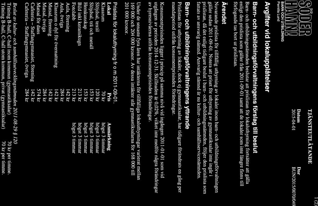 Staffangymnasiet, Staffangymnasiet, TJÄNSTEUTLÅTANDE 1 (2) Datum Dnr J/JJ U 2015-04-01 BUN/2015/0070/049 BARN OCH UTBILDNING Pernilla Lund Avgifter vid lokalupplåtelser Barn- och