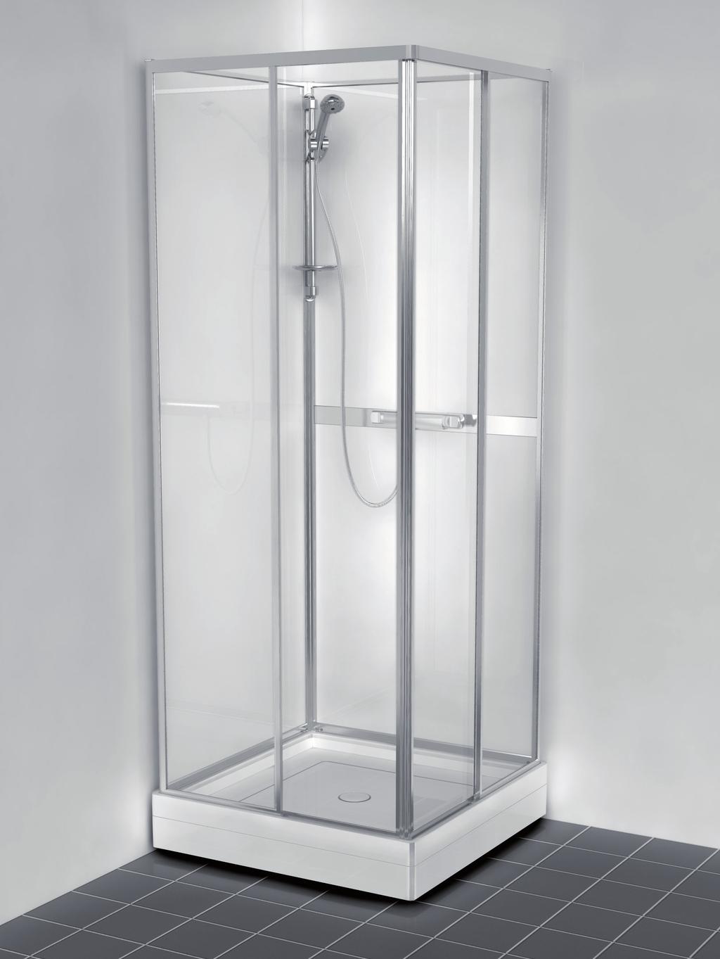 Poseidon duschkabin 80x80 cm. En duschkabin i lite enklare utförande med praktiska skjutdörrar i klarglas och bakväggar i mattmönstrat säkerhetsglas.