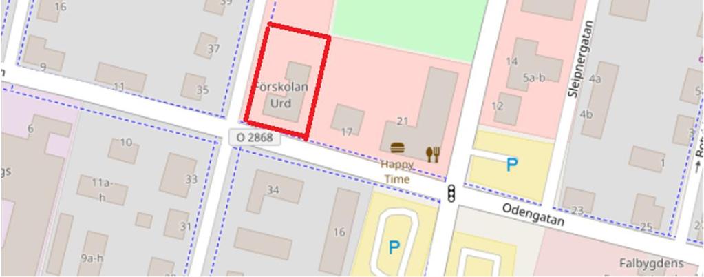 Som en del i planeringen vill Falköpings kommun utreda föroreningssituationen på fastigheten. Figur 1 visar fastigheten Urd 1 i Falköping. Figur 1. Fastigheten Urd 1 vid Odengatan/Parkgatan söder om Falköping centrum.