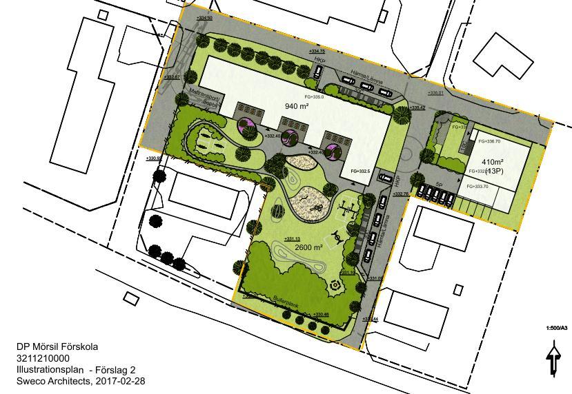 Planförslaget för detaljplanen som ses i Figur 3 innefattar en utbyggnad av byggnaden i de norra delarna av Mörsils-Eggen 3:1 samt en parkeringsyta i den södra delen ner mot Kyrkvägen och Mittbanan.