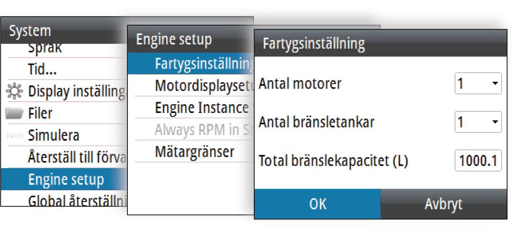 Se till att fartygsinställningen är avslutad och antalet tankar och total bränslekapacitet är inställt till rätt värde.