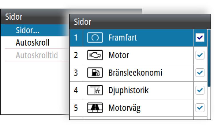 Aktivera/inaktivera en sida: Välj önskad sida och tryck på Retur Ersätta en sida Sidor kan ersättas med någon av de andra fördefinierade sidorna,