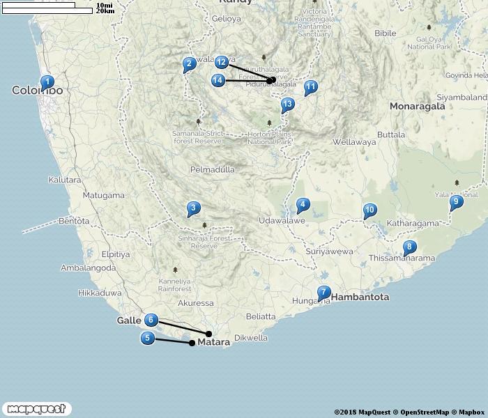 1. Colombo 2. Kitulgala 3. Sinharaja NP 4. Udawalawe NP 5. Mirissa 6. Kirala kale Sanctuary 7. Kalametiya BS 8. Tissamaharama 9. Yala NP 10. Lunugamwehere NP 11. Surrey BS 12. Nuwara Eliya 13.