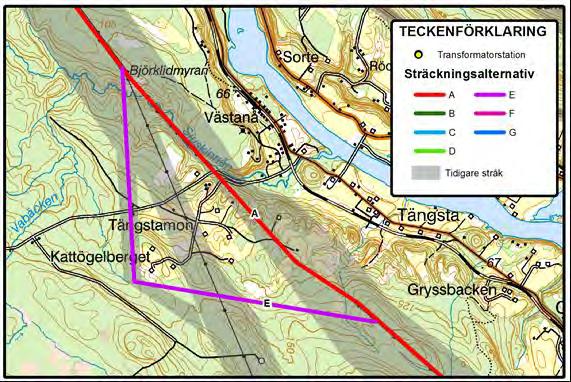3.4.3 Sträckningsalternativ E Sträckningsalternativ E togs fram för att göra det möjligt att bygga ledningen runt bostadsbebyggelsen i Tängstamon.