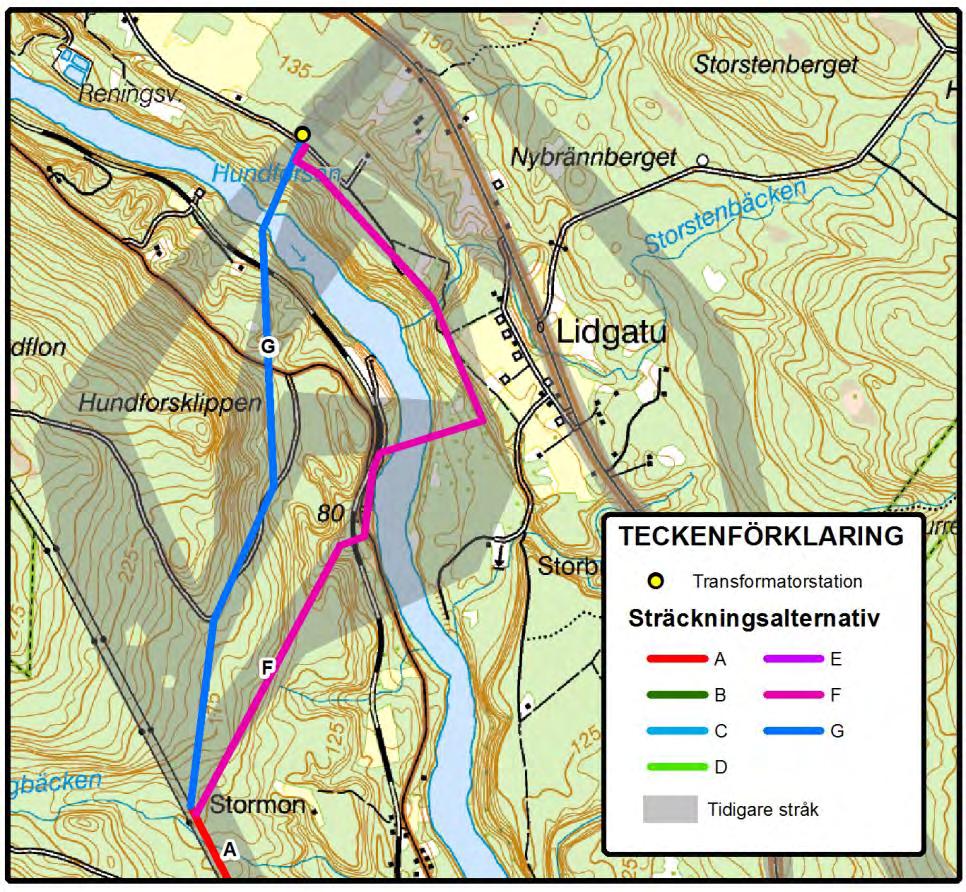 Figur 8. Älvkorsningsalternativen F och G, så som de såg ut inför sträckningssamrådet. 3.4.
