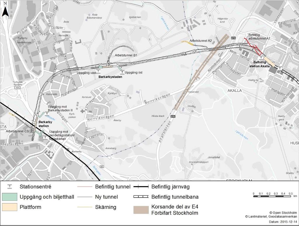15(45) Figur 2, översiktskarta över utbyggnaden av tunnelbana från Akalla till Barkarby station.