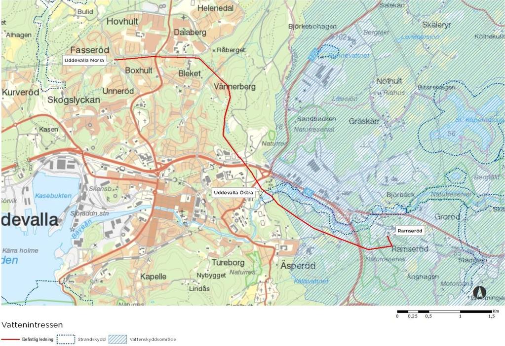 Figur 5. Vattenvärden inom ledningens närområde. 5.5 Kommunala planer Kommunens nuvarande översiktsplan antogs 2010 och är en revidering av den tidigare översiktsplanen från 2002.
