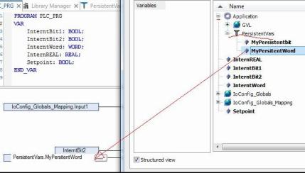 1: I/O Variabler finns under IoConfig_Globals_Mapping Man väljer variabler i Input Assistenten som man kommer åt via F2 knappen eller om man trycker på knappen bredvid Program variabler finns i Pou